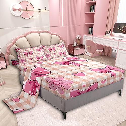 jejeloiu Checkerboard Bowknot Bed Sheets Sets Full Size Kids Boys Girls Pink Bow Bedding Set Plaid Bed Sheet Set with 16-Inch Deep Pockets 4Pcs with 2 Pillow Cases