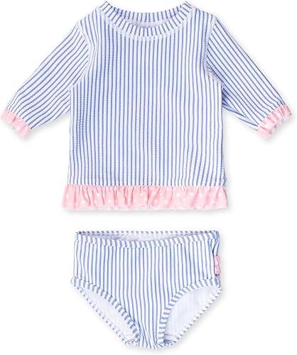 RuffleButts Baby/Toddler Girls UPF50+ Sun Protection Seersucker Short Sleeve Ruffle Rash Guard Bikini