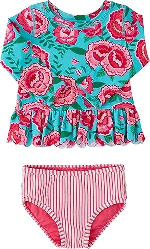 RuffleButts Baby/Toddler Girls Scalloped Long Sleeve Rash Guard 2-Piece UPF50+ Sun Protected Swimsuit