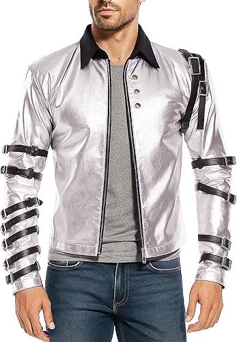 Men’s 80s Rockstar Dancer Costume Jacket - Black Cotton Biker Belted Halloween Outfit for Adults
