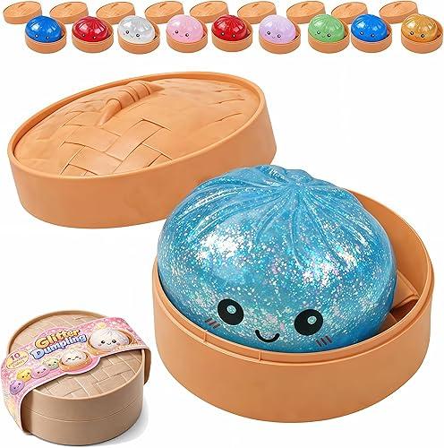 Dumpling Squishy, 2026 New Colorful Glitter Dumplings Squishies with Box, Soft Sensory Squeeze Toys for Stress Relief (Light Blue)