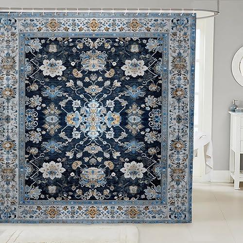 Erosebridal Navy Blue Floral Shower Curtain Set - Vintage Flower Boho Bathroom Decor for Kids Adults | Farmhouse Cottage Flowers Bathroom Set 72 x 84 Inch | Retro Aesthetic Fabric Shower Curtain