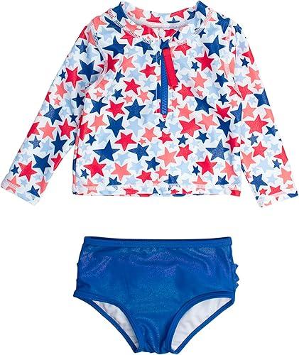 RuffleButts® Baby/Toddler Girls Long Sleeve Rash Guard 2 Piece Swimsuit Set w/UPF 50+ Sun Protection with Zipper