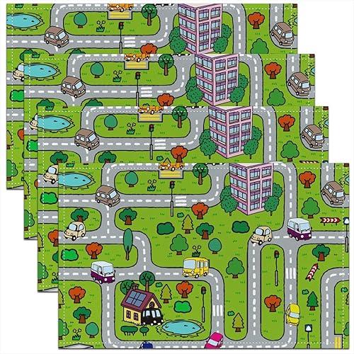 12"x18" Kids Playing Car Table Mats Placemat Road and Traffic Placemats Set of 4 Toddler Soft Coloful Fun Game Placemats Dining Table Indoor Kitchen Educational Race Track Table Place Mats Room Decor