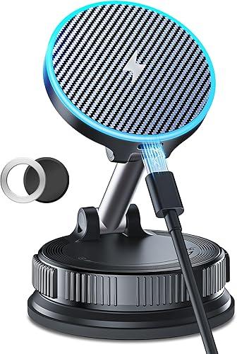 15W MagSafe Car Mount Charger, Magnetic Wireless Car Charger with Vacuum Suction Cup & Nano Adhesive Base, 360° Rotatable Strong Hold Car Phone Mount for iPhone 17 16 15 14 13 12 Series, Samsung S26