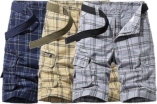 Men's Plaid Cargo Shorts Lightweight Multi Pocket Casual Short Pants Summer Outdoor Loose Shorts No Belt