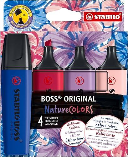 STABILO BOSS ORIGINAL NatureCOLORS Wildflowers Edition - Highlighter - Pack of 4 - Blush, Burgundy, Grey Violet and Ultramarine