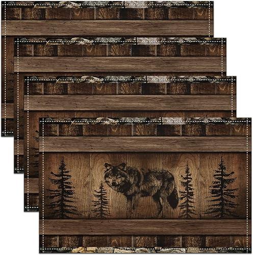 Erosebridal Black Wolf Set of 4 Place Mats 12x18 Inch,3D Wildlife Wolf Table Mats for Kids Boys Girls,Brown Vintage Wooden Placemats,Jungle Safari Animal Waterproof Placemats for Kitchen