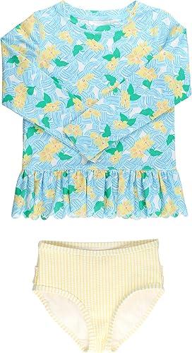 RuffleButts Baby/Toddler Girls Scalloped Long Sleeve Rash Guard 2-Piece UPF50+ Sun Protected Swimsuit