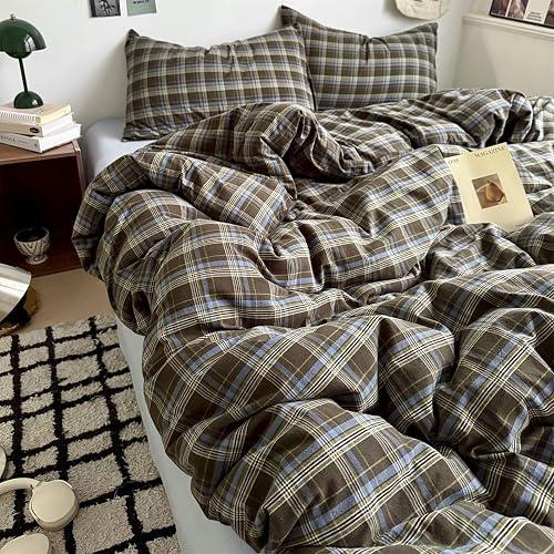 MKXI Vintage Plaid Comforter Set Twin XL - 3PCS Washed Cotton Geometric Duvet Set with Corner Ties, Lightweight & Breathable Bedding in Brown/Blue/Green, All Season Shabby Chic Style