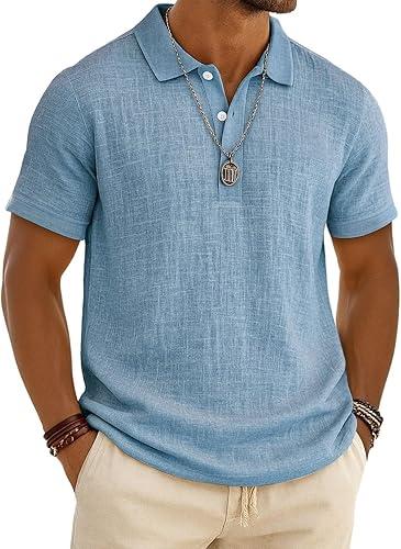 Mens Linen Polo Shirt Short Sleeve Summer Beach Vacation Cotton Linen Shirt Casual Lightweight Button Henley Top