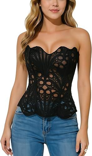 Corset Tops for Women Lace Up Overbust Bustier Sexy Floral Lace Waist Cincher Going Out Club Party Y2K Tops
