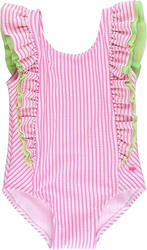 RuffleButts Girls UPF50+ Seersucker Waterfall One Piece Swimsuit