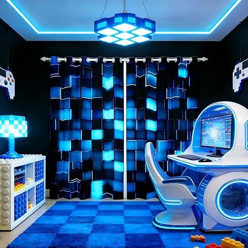 Castle Fairy Neon Blue Grid Window Curtain | Video Games Blackout Curtain for Boys Bedroom Decor,Geometric Pixelated Block Curtains 3D Block Theme Living Room Top 2 Panels,42Wx63L