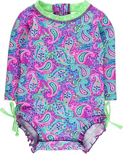 RuffleButts Baby Girls UPF 50+ Sun Protection Floral Printed Long Sleeve One Piece Rash Guard Swimsuit with Zipper