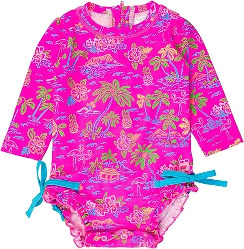 RuffleButts Baby Girls UPF 50+ Sun Protection Floral Printed Long Sleeve One Piece Rash Guard Swimsuit with Zipper