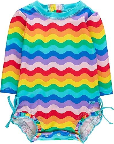 RuffleButts Baby Girls UPF 50+ Sun Protection Floral Printed Long Sleeve One Piece Rash Guard Swimsuit with Zipper