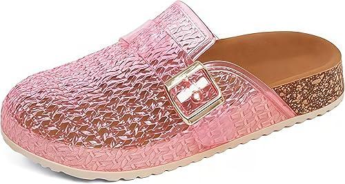 Clear Jelly Mules Clogs for Women Slip On Closed Round Toe Mesh Hollow Flat Jelly Shoes Sandals with Adjustable Buckle Non-Slip Beach Jellies Slides Flats Shoes