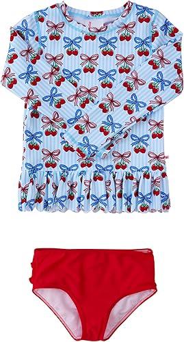 RuffleButts Baby/Toddler Girls Scalloped Long Sleeve Rash Guard 2-Piece UPF50+ Sun Protected Swimsuit