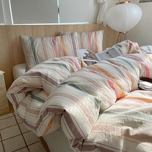 EAVD Retro Striped Duvet Cover Queen Size Colorful Soft 100% Washed Cotton 3-Piece Vintage Stripe Bedding Set with 2 Pillowcases Reversible Farmhouse Geometric Pattern Duvet Cover with Zipper Closure