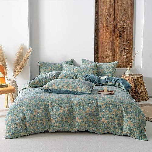 EAVD Vintage Blue Floral Duvet Cover Queen Green Soft 100% Muslin Cotton Chic Shabby Floral Print Bedding Set with 2 Pillowcases Elegant Retro Botanical Duvet Cover with Zipper Closure