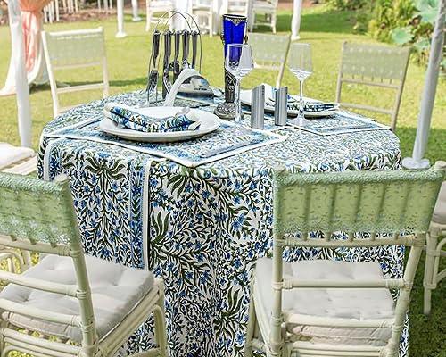 90 Inches Round Hand Block Printed Cotton Tablecloth, Blue White Floral Table Cloths Washable, Indian Table Linen for Christmas Thanksgiving Gifts Home Decor Dinning