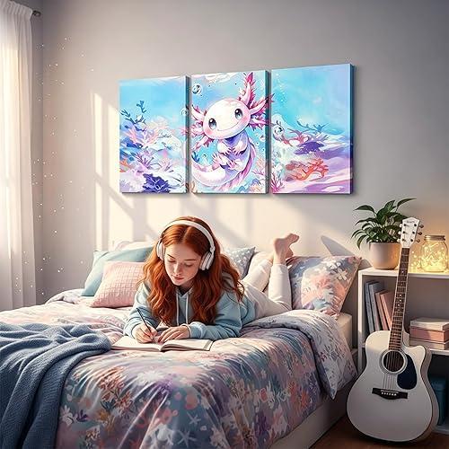Erosebridal Teen Girl Axolotl Canvas Wall Art Set of 3 Kids Cute Axolotl Wall Decor Cartoon Ocean Sealife Framed Paintings Artwork Kawaii Salamander Poster Prints,12x16