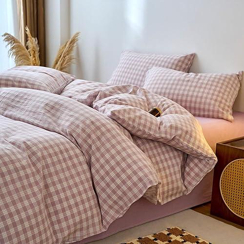 EAVD Vintage Style Gingham Duvet Cover Queen Purple White Soft 100% Washed Cotton Chic Grid Checkered Bedding Set with 2 Pillowcases Farmhouse Purple Plaid Duvet Cover with Zipper Closure