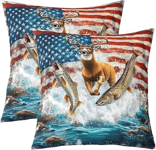 Erosebridal Kids Hunting Deer Fish Throw Pillow Covers 20x20 Inch Set of 2 American Flag Pillow Covers Microfiber Pike Fish Decorative Square Pillow Cases Lakeside Wildlife Cushion Cases