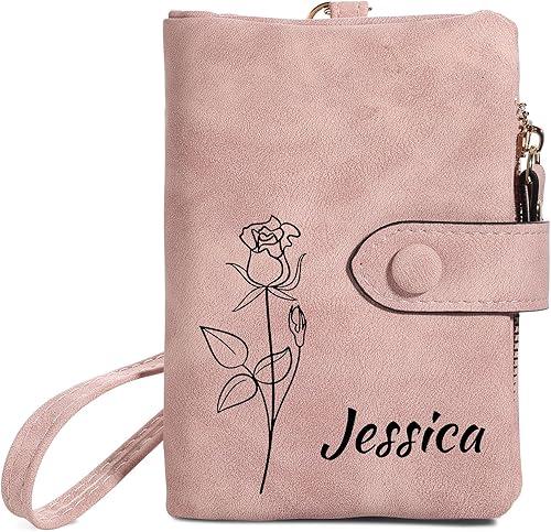 MMXX Personalized Leather Wallets for Women Engraved Birth Flower & Name, Custom Small Women's Wallets with Wristlet, Zipper Coin Purse, Personalized Gifts for Mom Girlfriend Birthday - A5: Pink