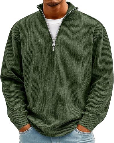 Mens Quarter Zip Pullover Corduroy Sweatshirt Casual Half Zip Sweater Tops Lightweight Stand Collar Golf Polo Shirts