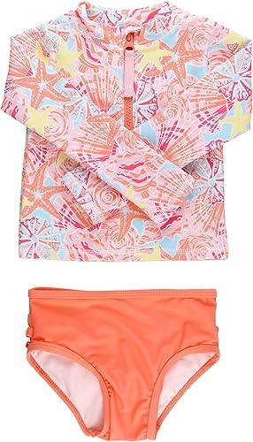 RuffleButts® Baby/Toddler Girls Long Sleeve Rash Guard 2 Piece Swimsuit Set w/UPF 50+ Sun Protection with Zipper