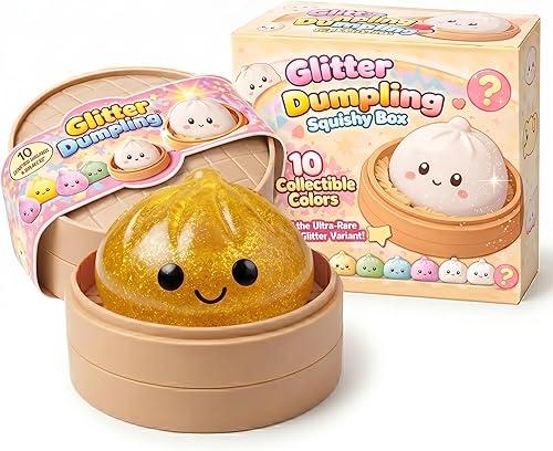 Glitter Dumpling, Glitter Dumpling Squishy Box, Squishy Bao Bun, Squeeze Dough Ball Stress Relief Hand Toys with Food Steamer (Gold, Transparent)