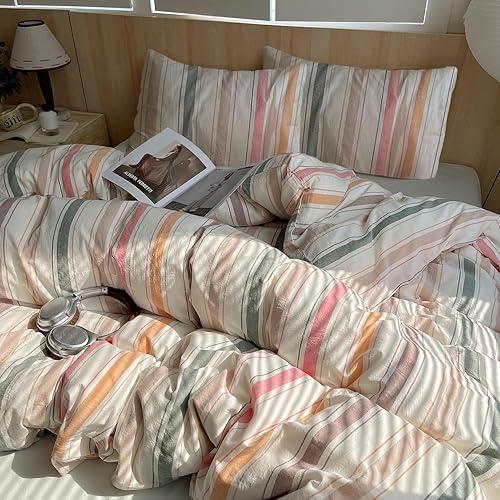 EAVD Vintage Colorful Striped Comforter Set Queen Soft 100% Washed Cotton Multicolor Vertical Striped Bedding Set with 2 Pillowcases Retro Geometric Comforter Set for All-Season