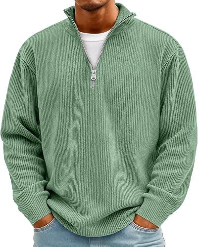 Mens Quarter Zip Pullover Corduroy Sweatshirt Casual Half Zip Sweater Tops Lightweight Stand Collar Golf Polo Shirts