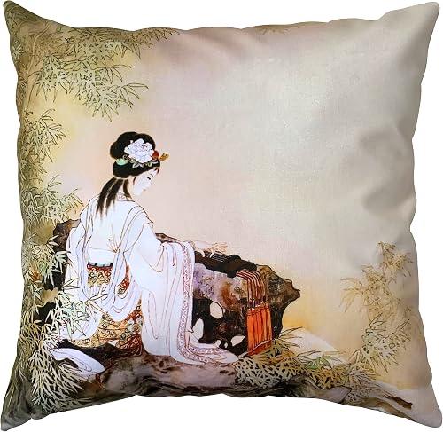 Chinese Classical Lady Playing Guqin Pillow Cover 20x20 Inch, Traditional Bamboo Garden Art Cushion Case Vintage Oriental Throw Pillow for Living Room, Sofa, Bedroom Decor