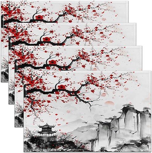 Feelyou Cherry Blossoms Placemats Set of 4 Japanese Style Placemat for Kitchen Dining Table 18"x12" Home Decor Table Place Mats Sakura Flower Indoor Outdoor Decor Table Mats