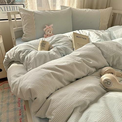 MKXI Blue Gingham Duvet Cover Set Queen Size - Delicate White Lace Trimmed Soft Washed Microfiber Bedding Set, Vintage Cottagecore Style for Girls & Teens, 3-Piece with Zipper Closure