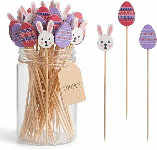 GLEAVI 200PCS Easter Cocktail Picks: 5.3 Inch Bunny Toothpicks for Appetizers - Spring Party Supplies Charcuterie Board Accessories for Snack Fruit Drink Decorations