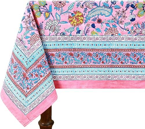 60x60 Inches Square Hand Block Printed Cotton Tablecloth, Pink Blue Floral Table Cloths Washable, Indian Table Linen for Valentine Thanksgiving Gifts Home Decor Dinning Outdoor