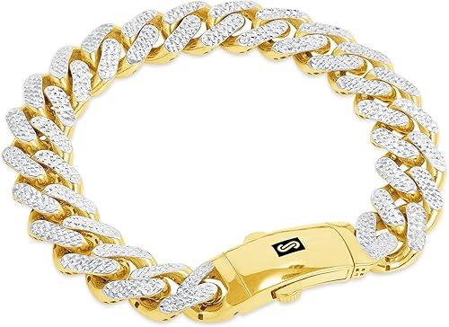 Nuragold 10k Real Yellow Gold Royal Monaco 13mm Miami Cuban Diamond Cut Pave Link Bracelet (8"-9") Two Tone Italian Jewelry for Men