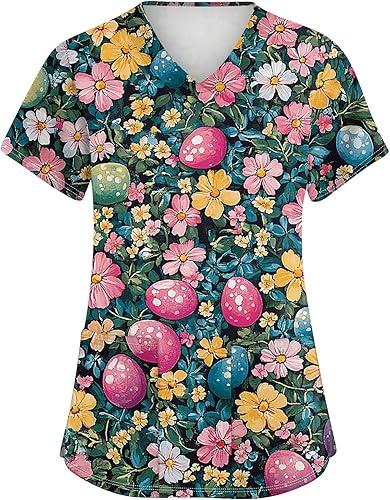 HXHYQKP Easter Scrub Tops Women Bunny Egg Hunt Print Scrubs Short Sleeve Holiday Working Uniform with Pockets