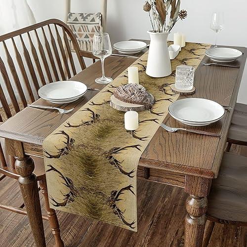 Erosebridal Antlers Table Runner 13x72, Whitetail Deer Table Runners, Hunting Animal Wildlife Fawn Rectangular Runner, Wilderness Stag Autumn Table Runner for Home Party Decor, Brown Black