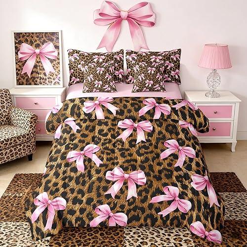 Castle Fairy Bowknot Leopard Bed in a Bag Comforter Set,Girly Princess Pink Bow Queen Size 7 Pieces for Kids Teens,Cheetah Fur Print Bedding Set with Comforter, Sheet Set, Pillowcases, Pillow Covers