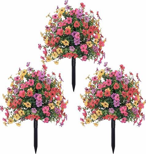Artificial Flower with Stakes Multi Pack, Round Petal Decorative Garden Stakes, UV Resistant Outdoor Faux Flowers for Yard, Lawn, Flower Bed, Planter & Patio Landscaping Decor