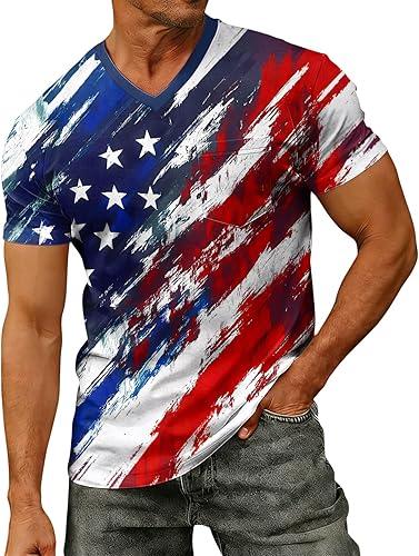 Men's 4Th of July Shirt Short Sleeve Big and Tall Shirts for Men Patriotic USA Star Flag Print V Neck Tshirts