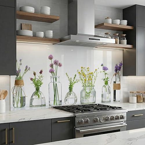 Bold Grup Tempered Glass Kitchen Backsplash, Stove Back Cover, Range Protector, Splash Guard for Sink, Botanical Vase Wall Art Decor, Cutting Board