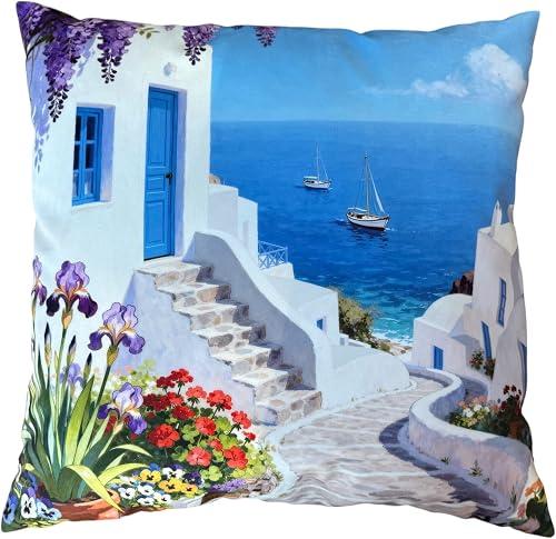 Santorini Throw Pillow Cover 18x18 Inch, Greek Island Coastal Mediterranean Ocean View Cushion Case, Decorative Pillowcase for Living Room Bedroom Sofa