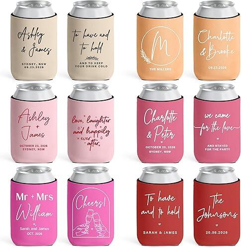 100 PCS Personalized Can Coolers Sleeves for Wedding & Party Favors,Custom Drink Holders for Anniversary, Engagement, Bridal Showers – Bulk Gifts for Guests, Fits 12-16oz Cans Bottles (100, Standard)