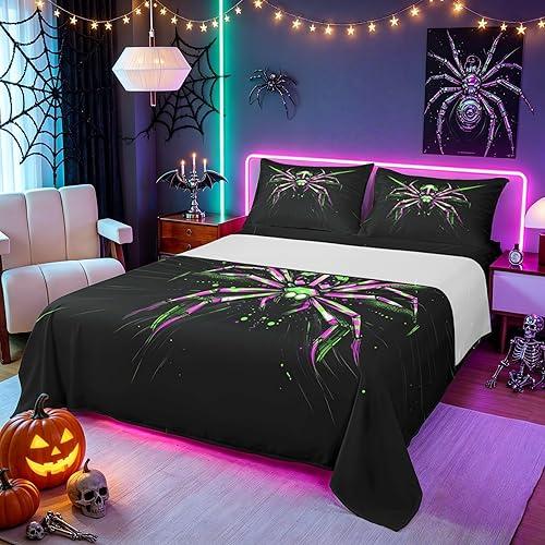 Manfei Tarantula Spider Web Gothic Bed Sheets King Size,Western Happy Halloween Bedding Set, Magical Psychedelic Modern Kids Room Decor,Green Purple Sheet(Fitted+Flat+2 Pillowcases)